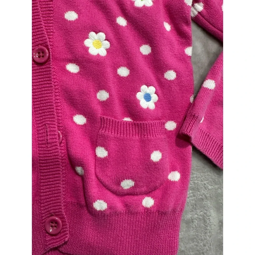 Gymboree Girls Hooded Sweater Size XS (3/4) Pink Daisies Button Up Polka Dot EUC